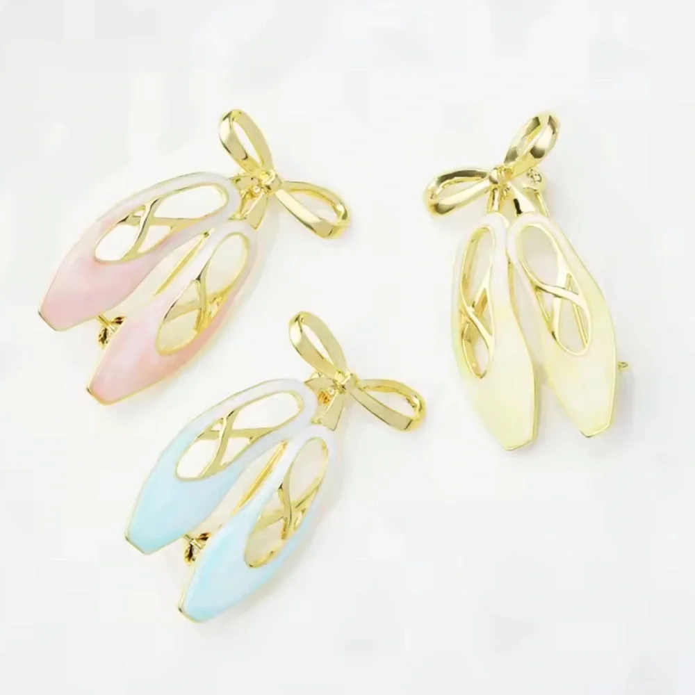 Charming Blue Ballet Slippers Gold Brooch